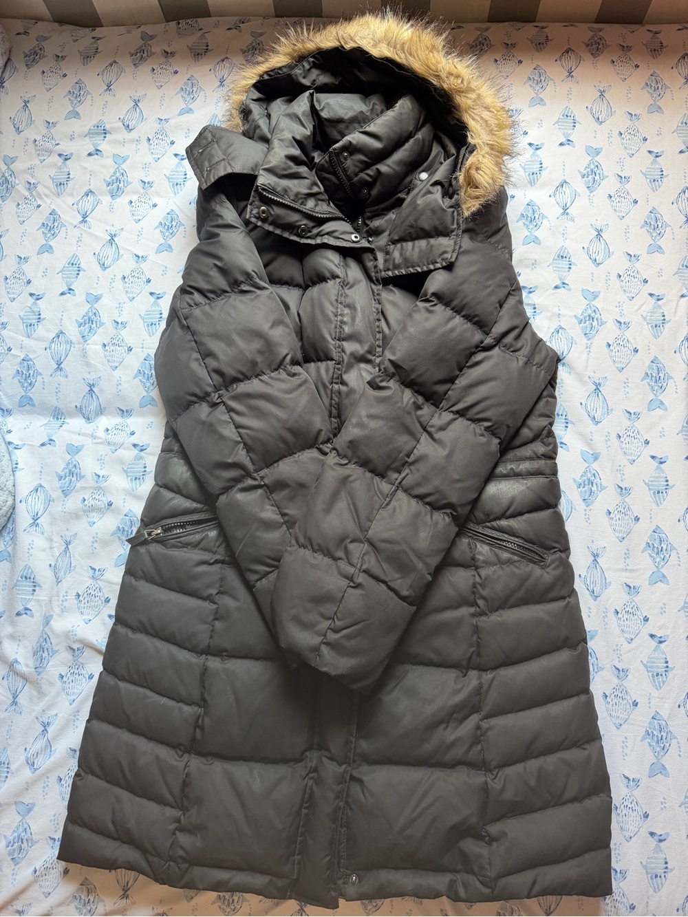 Esprit Black Long Puffer Coat with Faux Fur Trimmed Hood
